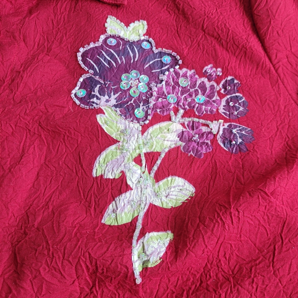 90s Y2K Point Zero Floral Applique Beaded Blouse Red Crinkle Large - Picture 5 of 14